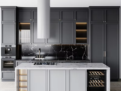 Modern Kitchen With Gray Cabinets Black Marble Backsplash Island And Wine Rack 3d model