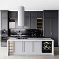 Modern Kitchen With Gray Cabinets Black Marble Backsplash Island And Wine Rack 3d model