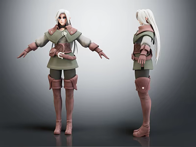 White Haired Female Character 3D Model With Green Brown Outfit Front Back Views 3d model