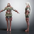 White Haired Female Character 3D Model With Green Brown Outfit Front Back Views