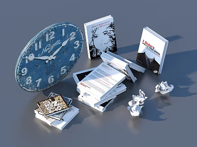 Stacked Books And Magazines With Blue Pendulum Clock And Scattered Papers 3d model