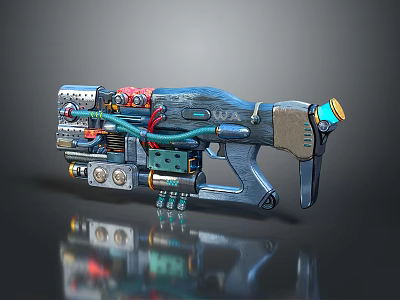 Futuristic Weapon With Detailed Mechanical Design And Electronic Components In Metallic Blue Red Accents 3d model