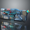 Futuristic Weapon With Detailed Mechanical Design And Electronic Components In Metallic Blue Red Accents