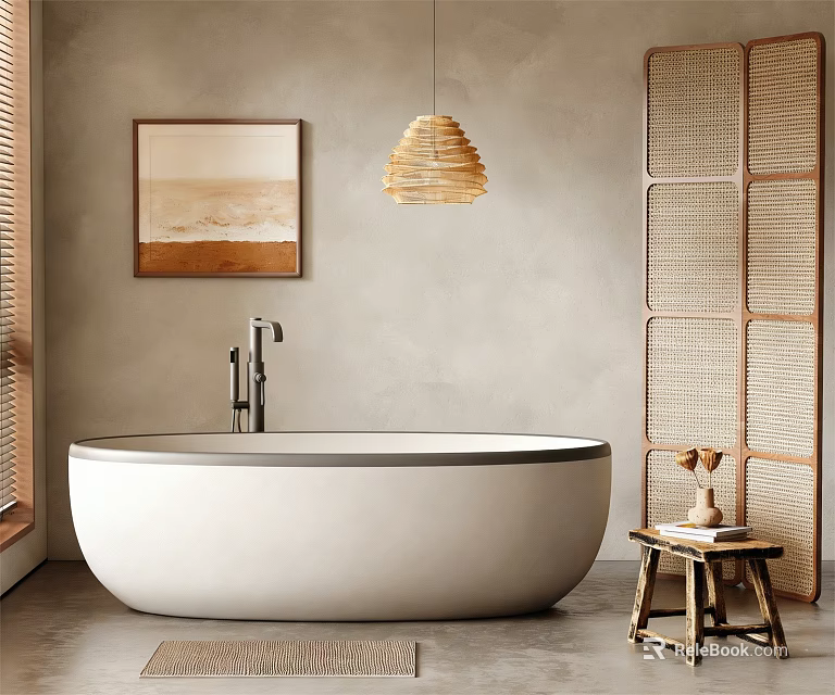 Freestanding White Bathtub In Modern Bathroom With Woven Pendant Light Wall Art And Wooden Divider 3d model 