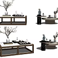 Rectangular Wooden And Round Marble Coffee Table With Vase Tea Set And Decorative Items 3d model