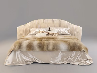Elegant Double Bed With Beige Striped Headboard Silk Sheets Leopard Print Pillow And Fur Blanket 3d model