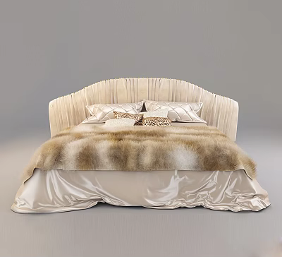 Elegant Double Bed With Beige Striped Headboard Silk Sheets Leopard Print Pillow And Fur Blanket 3d model