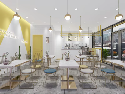 Modern Bright Milk Tea Shop Interior With Hanging Lights Metal Tables And Bar Counter 3d model
