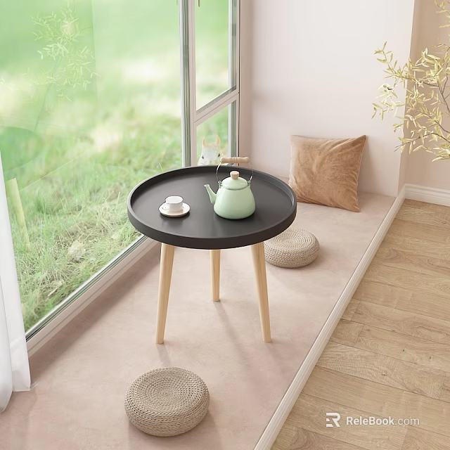 Round Black Tray Coffee Table With Wooden Legs By Window And Green Grass View 3d model 