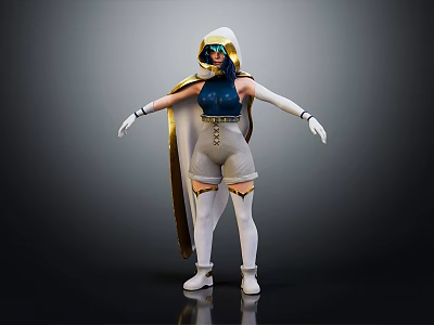 Hooded Fantasy Character With Blue Top White Shorts Long Gloves White Boots And Gold Accents 3d model