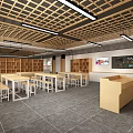 School Student Dining Area With Wooden Grid Ceiling Long Tables Stools And Bookshelves