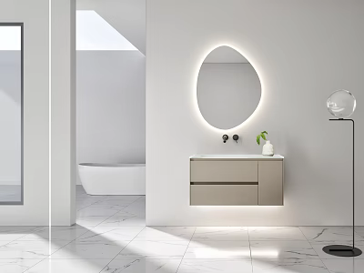 Modern Bathroom Cabinet with Illuminated Round Mirror and Sleek Marble Countertop Design 3d model