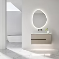 Modern Bathroom Cabinet with Illuminated Round Mirror and Sleek Marble Countertop Design