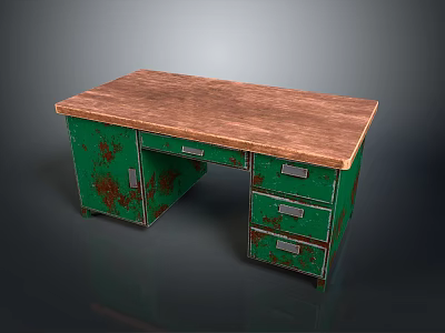 Vintage Wooden Top Desk With Green Cabinet Metal Handles And Distressed Finish 3d model
