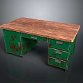 Vintage Wooden Top Desk With Green Cabinet Metal Handles And Distressed Finish