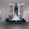 Elegant Bridal Shop Interior With White Wedding Dresses Pink Bouquets And Blue Benches