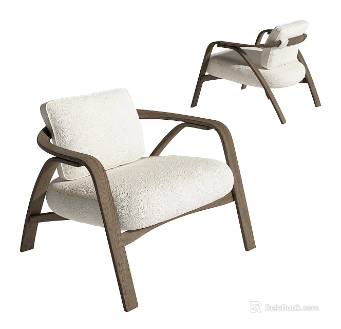 Modern Single Sofa With White Fuzzy Fabric And Curved Wooden Armrests Design 3d model 