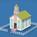 Cartoon Church Scene with Green Roof Pink Steeple Cross White Picket Fence on Blue Background
