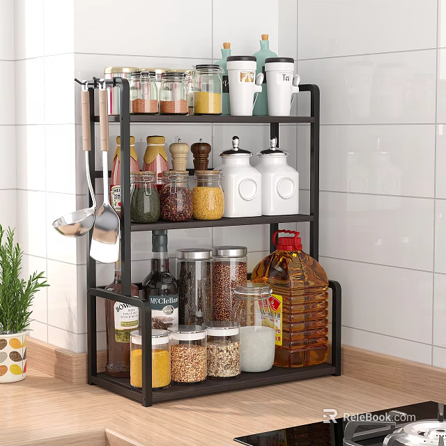 Kitchen Rack With Various Spice Jars And Bottles 3d model
