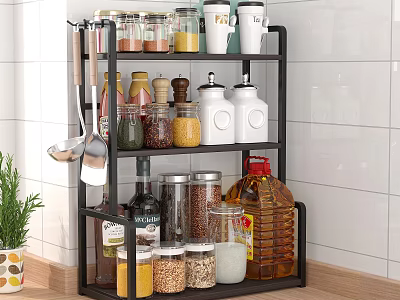 Kitchen Rack With Various Spice Jars And Bottles 3d model