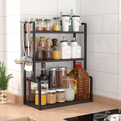 Kitchen Rack With Various Spice Jars And Bottles 3d model