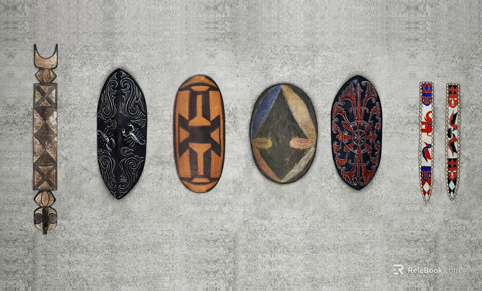 Various Oval Wall Decor Pieces With Geometric And Abstract Patterns On Gray Wall 3d model