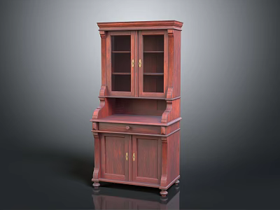 Traditional Dark Brown Solid Wood Storage Cabinet With Upper Glass Doors And Lower Drawers 3d model