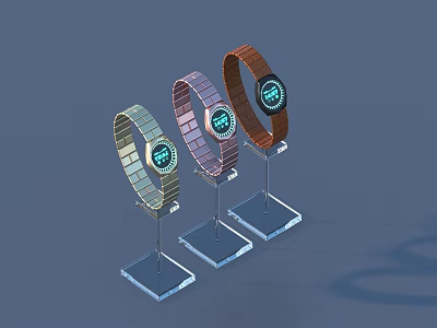Modern Smart Watches With Colorful Straps Blue Dials On Clear Stands 3d model