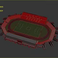 Football Stadium Featuring Red Stands Green Grass Pitch And Red Running Track
