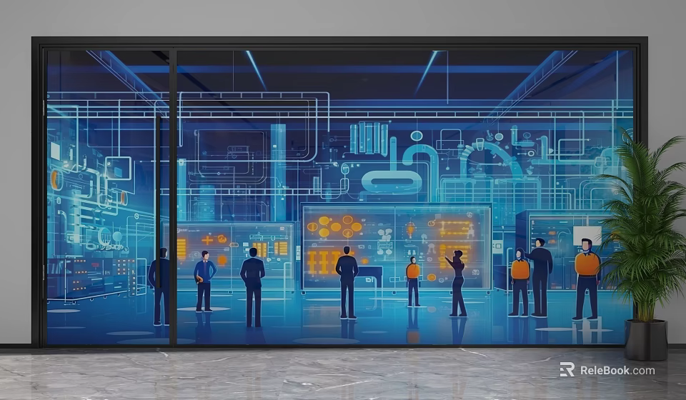 Modern Glass Partition Design In Contemporary Workspace With People And Tech Lines 3d model 