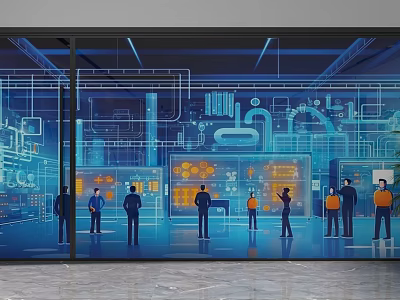 Modern Glass Partition Design In Contemporary Workspace With People And Tech Lines 3d model