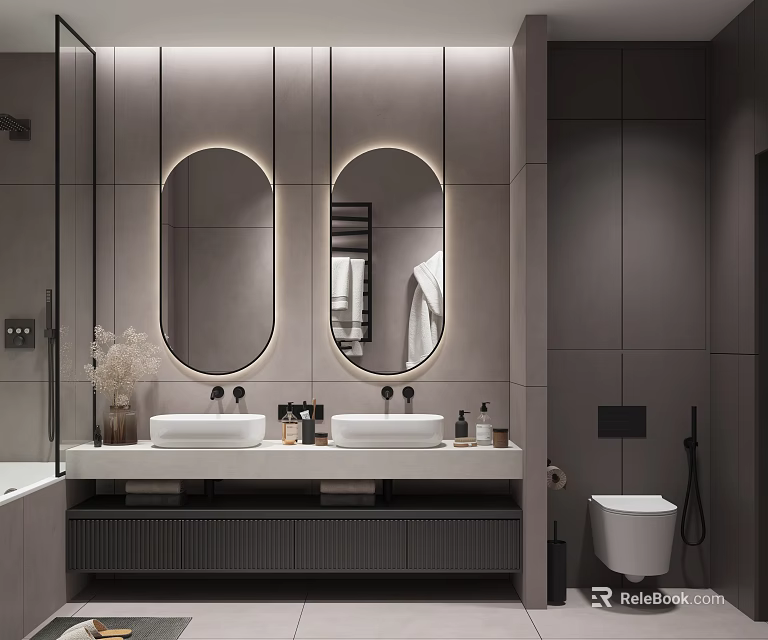 Elegant Modern Bathroom Interior With Double Vanity Round Backlit Mirrors And Smart Toilet Design 3d model 