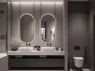 Elegant Modern Bathroom Interior With Double Vanity Round Backlit Mirrors And Smart Toilet Design 3d model