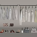 Bags and Boxes with Hanging Clothes and Various Shoes in Organized Wardrobe Setup