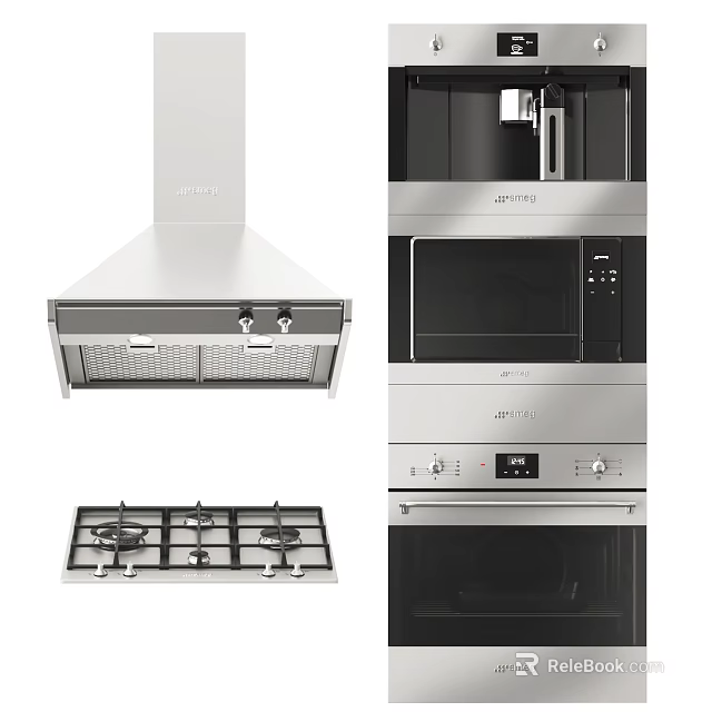 Modern Stainless Steel Kitchen Appliances Including Range Hood Gas Stove Microwave And Oven 3d model 