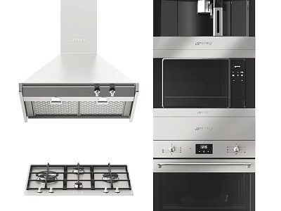 Modern Stainless Steel Kitchen Appliances Including Range Hood Gas Stove Microwave And Oven 3d model
