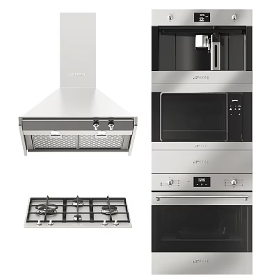Modern Stainless Steel Kitchen Appliances Including Range Hood Gas Stove Microwave And Oven 3d model