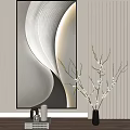 Modern Wavy Pattern Wall Art With Vertical Striped Backdrop And White Blossom Branches 3d model