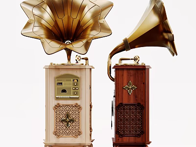 Vintage Gramophones With Golden Horns Wooden Bases And Intricate Decorative Patterns 3d model