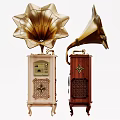 Vintage Gramophones With Golden Horns Wooden Bases And Intricate Decorative Patterns