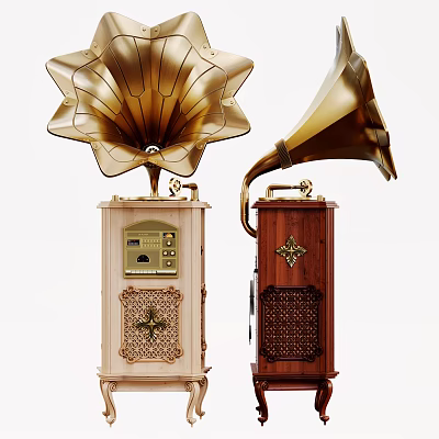 Vintage Gramophones With Golden Horns Wooden Bases And Intricate Decorative Patterns 3d model