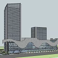 Modern Hotel Building With Wavy Exterior Glass Curtain Wall And Landscaped Gardens