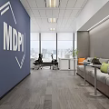 Modern Reception Desk With Wooden Wall Panel MDPI Logo Ceiling Lighting And Gray Floor Tiles