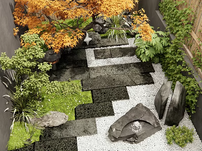Natural Stepping Stone Path In Garden With Orange Maple Trees Green Plants And Mossy Rocks 3d model