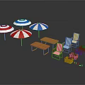 Colorful Outdoor Beach Umbrellas Tables Chairs And Storage Boxes Setup 3d model