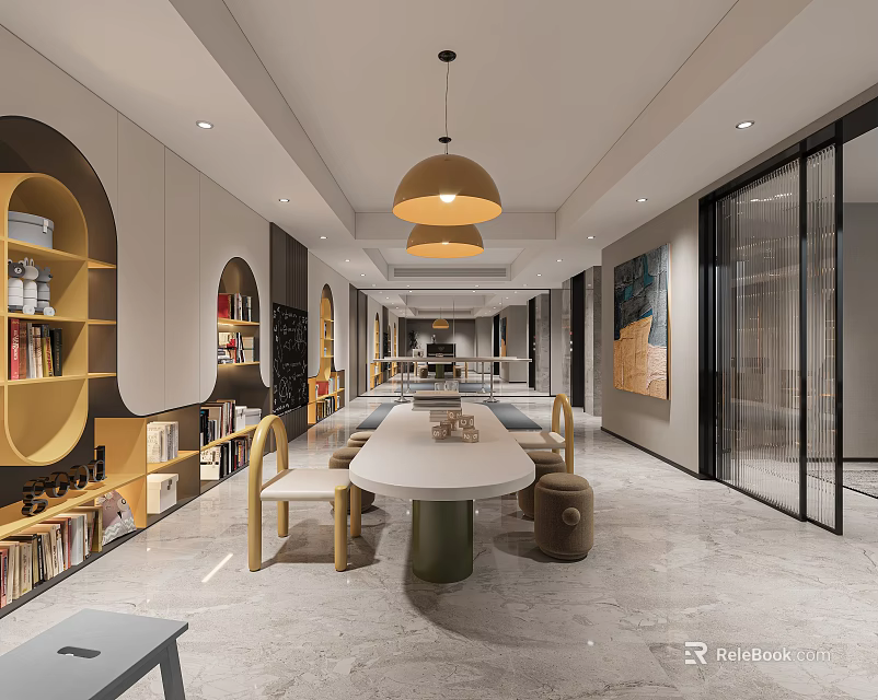 Modern Multipurpose Space With Bookshelves Long Table And Pendant Lights 3d model