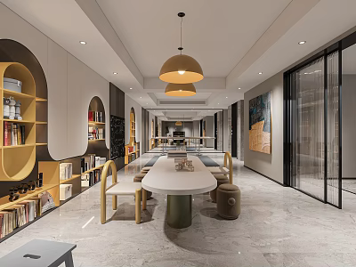 Modern Multipurpose Space With Bookshelves Long Table And Pendant Lights 3d model