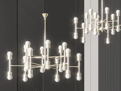 Modern Geometric Chandelier with White Spheres and Golden Rod on Dark Striped Wall 3d model