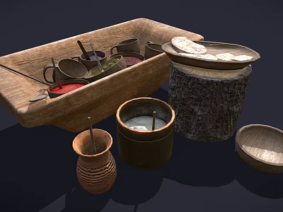 Traditional Kitchen Utensils Including Wooden Basin Clay Jar and Stone Mortar 3d model