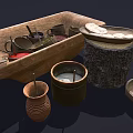 Traditional Kitchen Utensils Including Wooden Basin Clay Jar and Stone Mortar